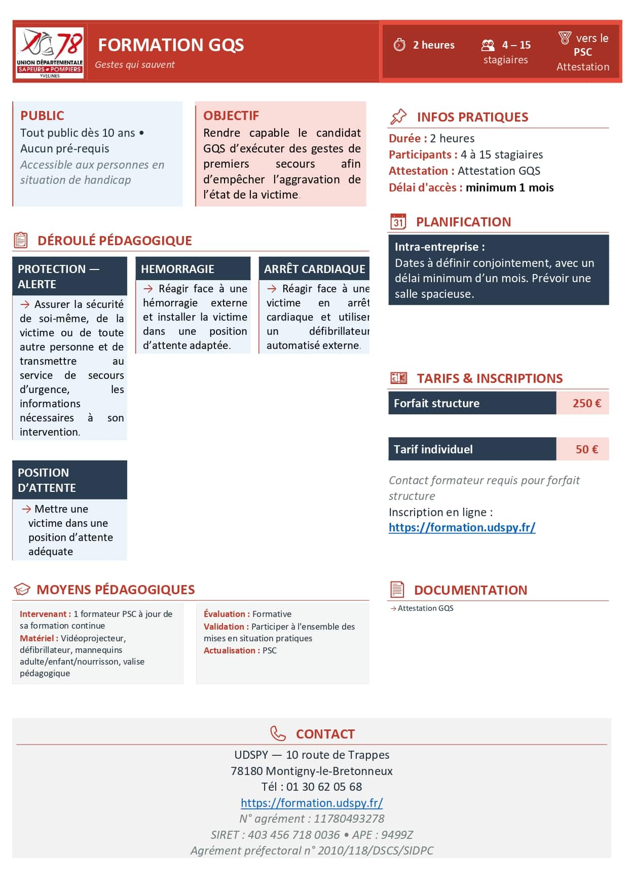 Programme officiel formation GQS Gestes qui Sauvent — UDSP78 Pompiers Yvelines Montigny-le-Bretonneux